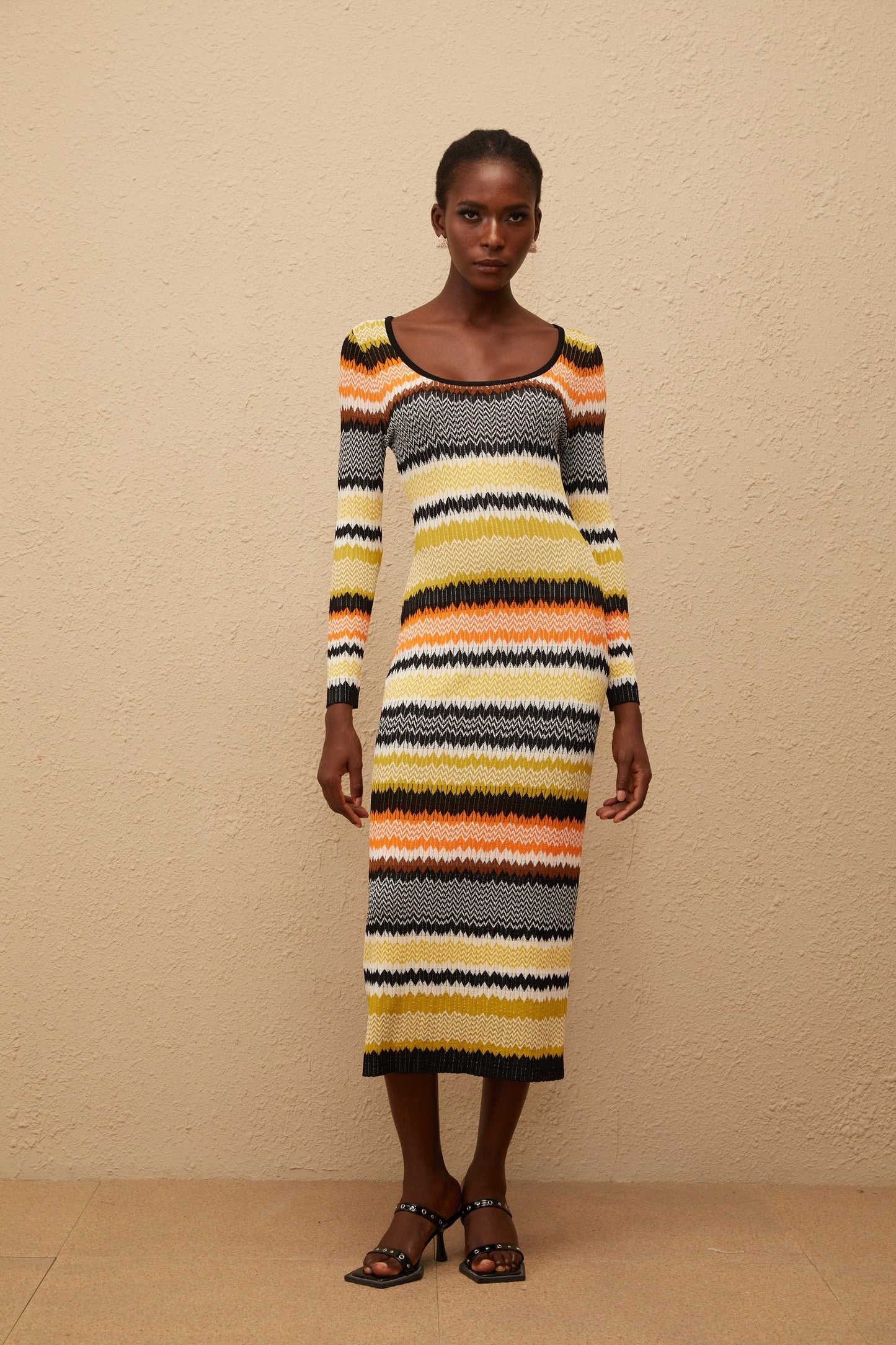 Frédérique Yellow Zigzag Woven Knit Midi Dress