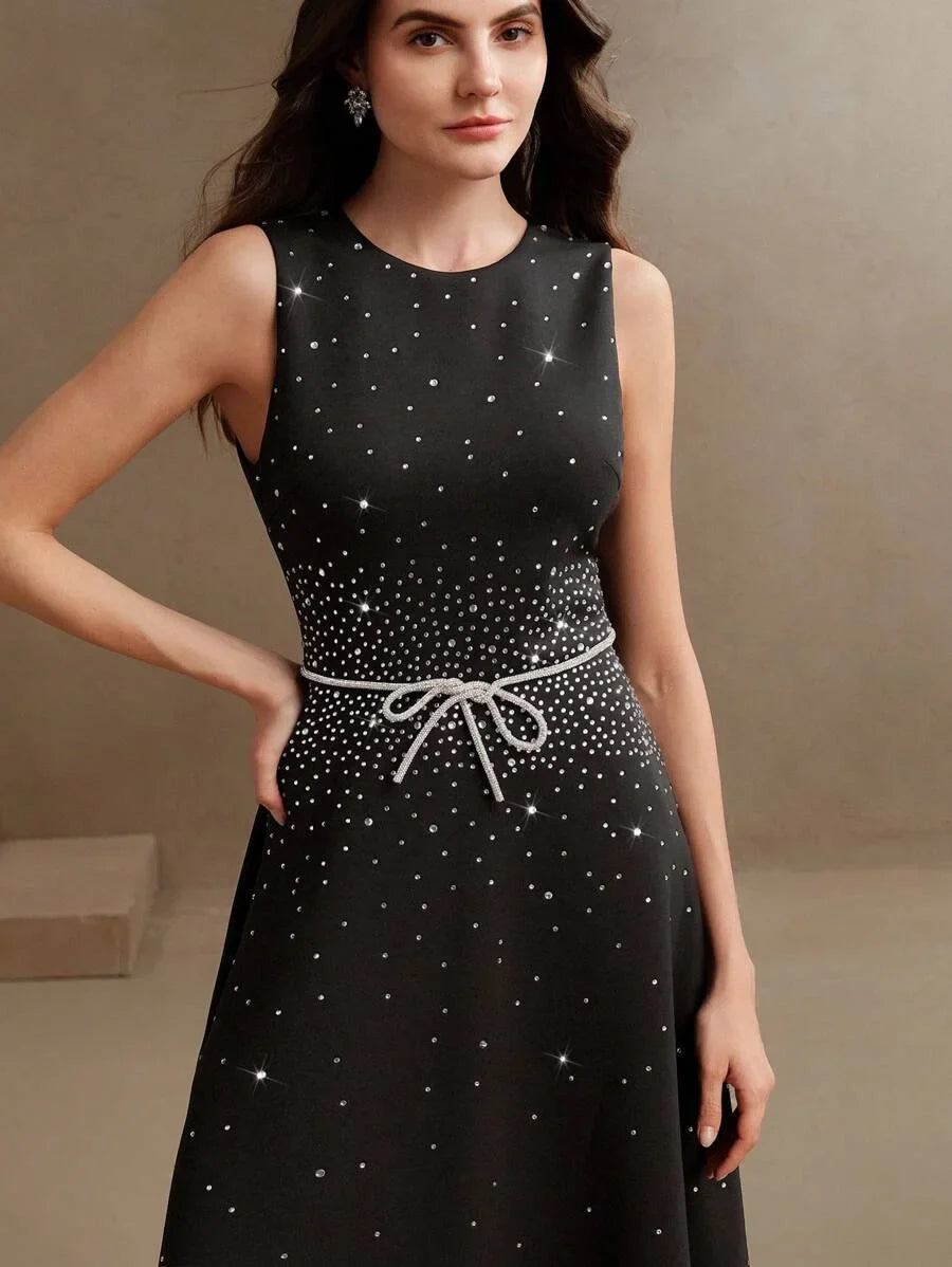 French Luxury DiamondStudded Elegant Waist ALine Dress Modest Clothes For Women SpringSummer