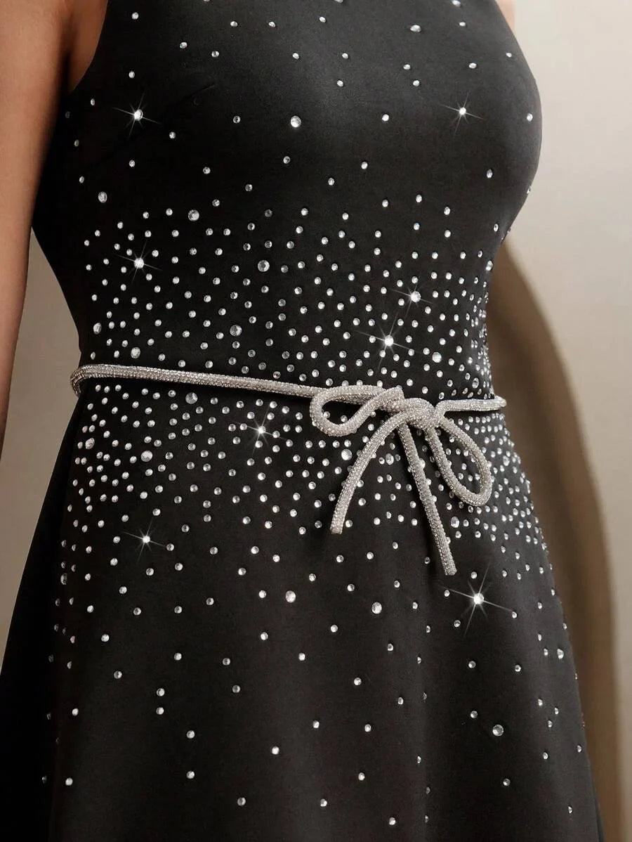 French Luxury DiamondStudded Elegant Waist ALine Dress Modest Clothes For Women SpringSummer