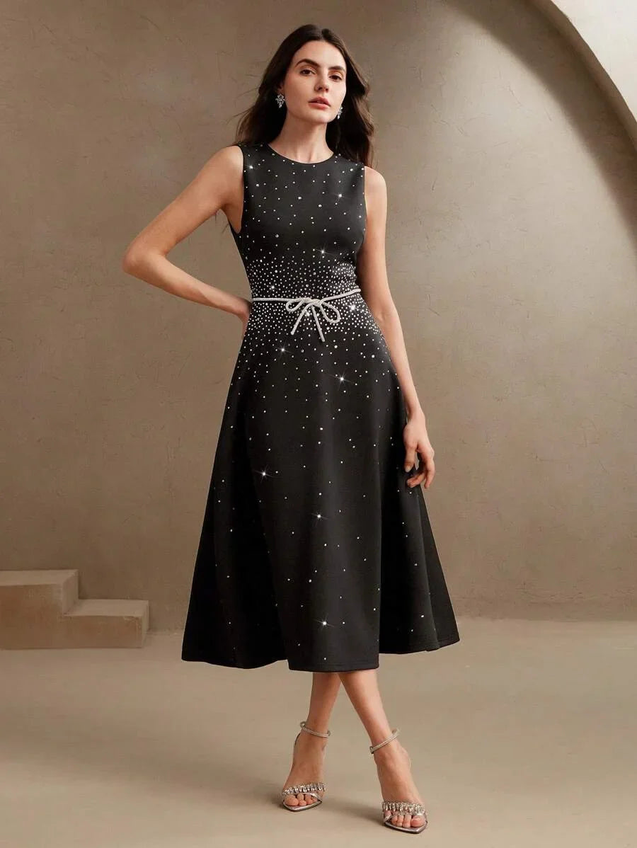 French Luxury DiamondStudded Elegant Waist ALine Dress Modest Clothes For Women SpringSummer