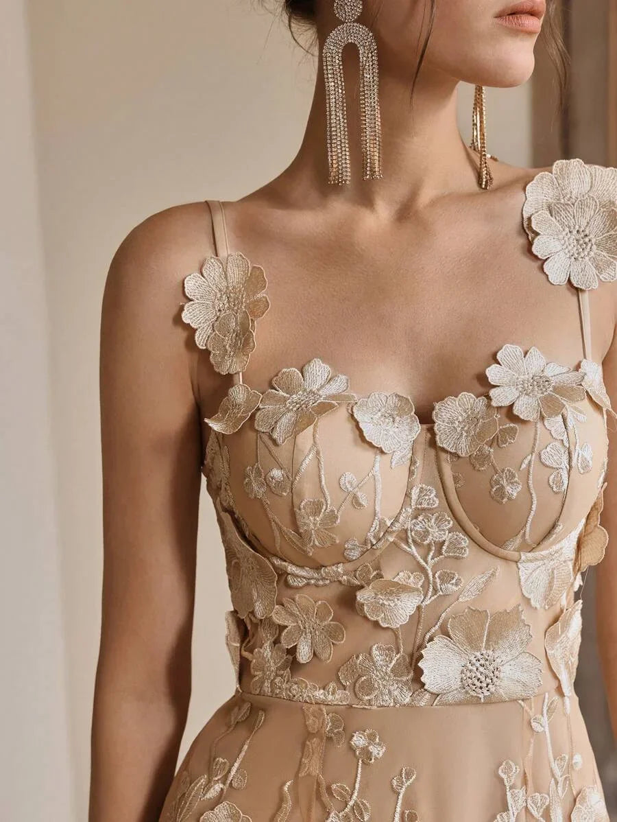 French Luxury Floral Embroidery Mesh Camisole Dress Summer Modest Festival Party