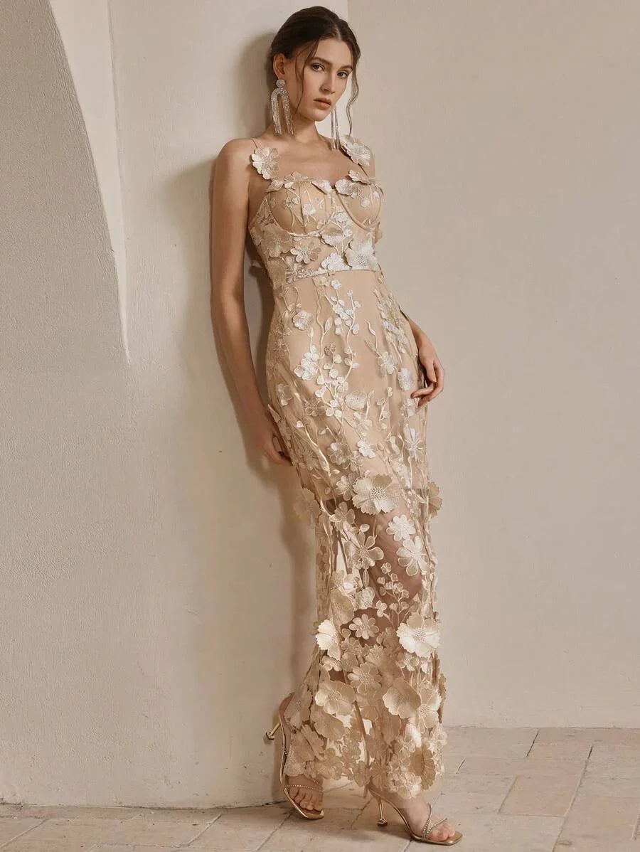 French Luxury Floral Embroidery Mesh Camisole Dress Summer Modest Festival Party