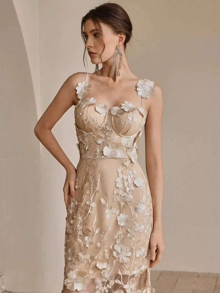 French Luxury Floral Embroidery Mesh Camisole Dress Summer Modest Festival Party