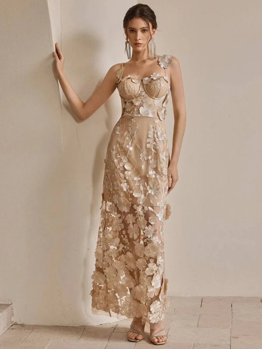 French Luxury Floral Embroidery Mesh Camisole Dress Summer Modest Festival Party