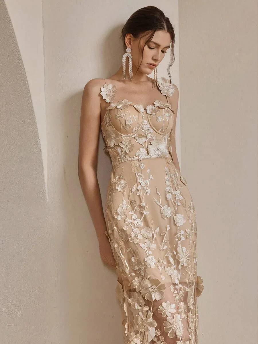 French Luxury Floral Embroidery Mesh Camisole Dress Summer Modest Festival Party