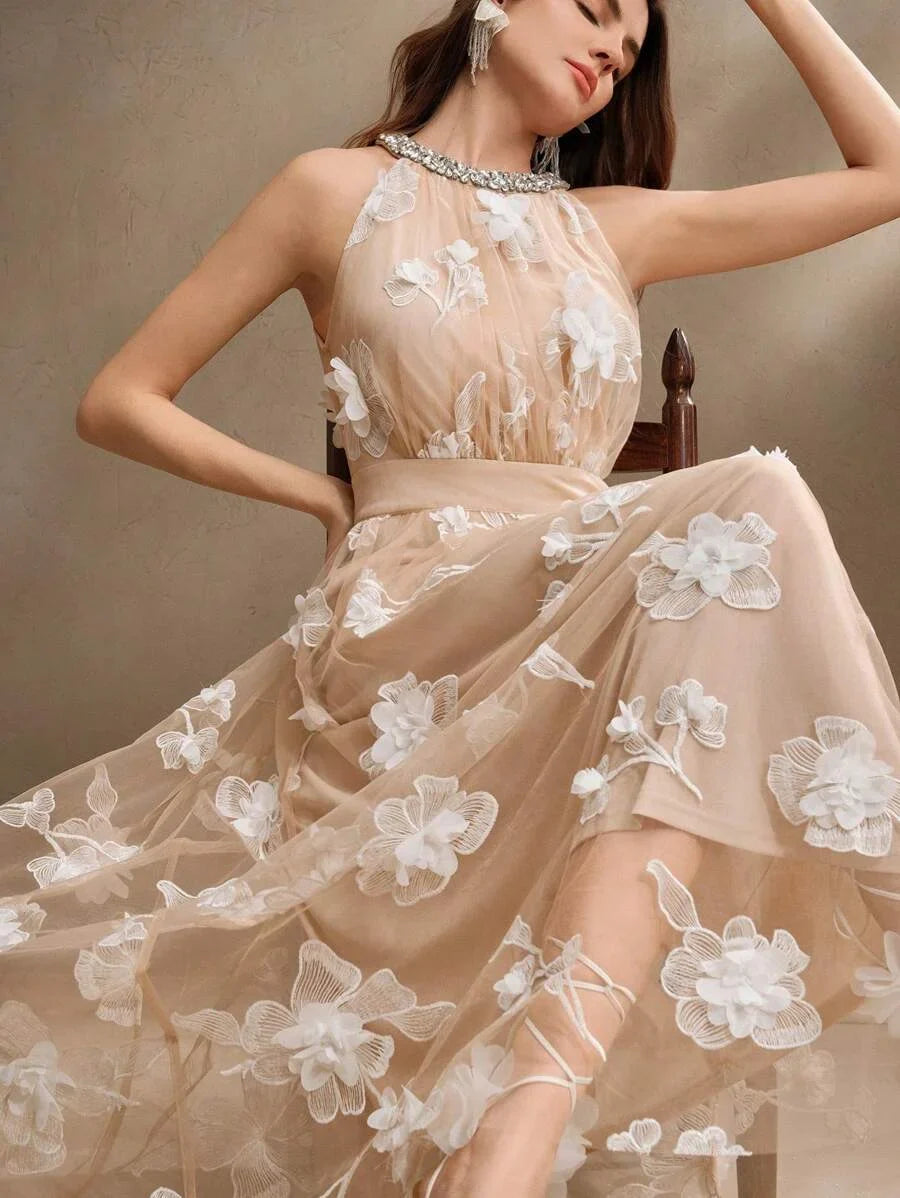 French Luxury Floral Embroidery Mesh Camisole Dress Summer Modest Festival Party