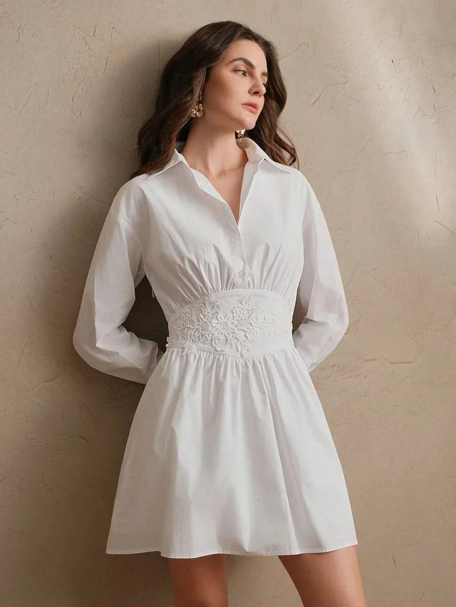 French Style Embroidery Waist Splice Design Long Sleeve Pleated Mini Dress Spring Outfits For Women