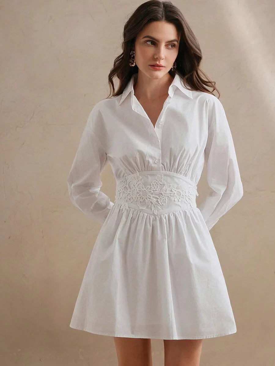 French Style Embroidery Waist Splice Design Long Sleeve Pleated Mini Dress Spring Outfits For Women