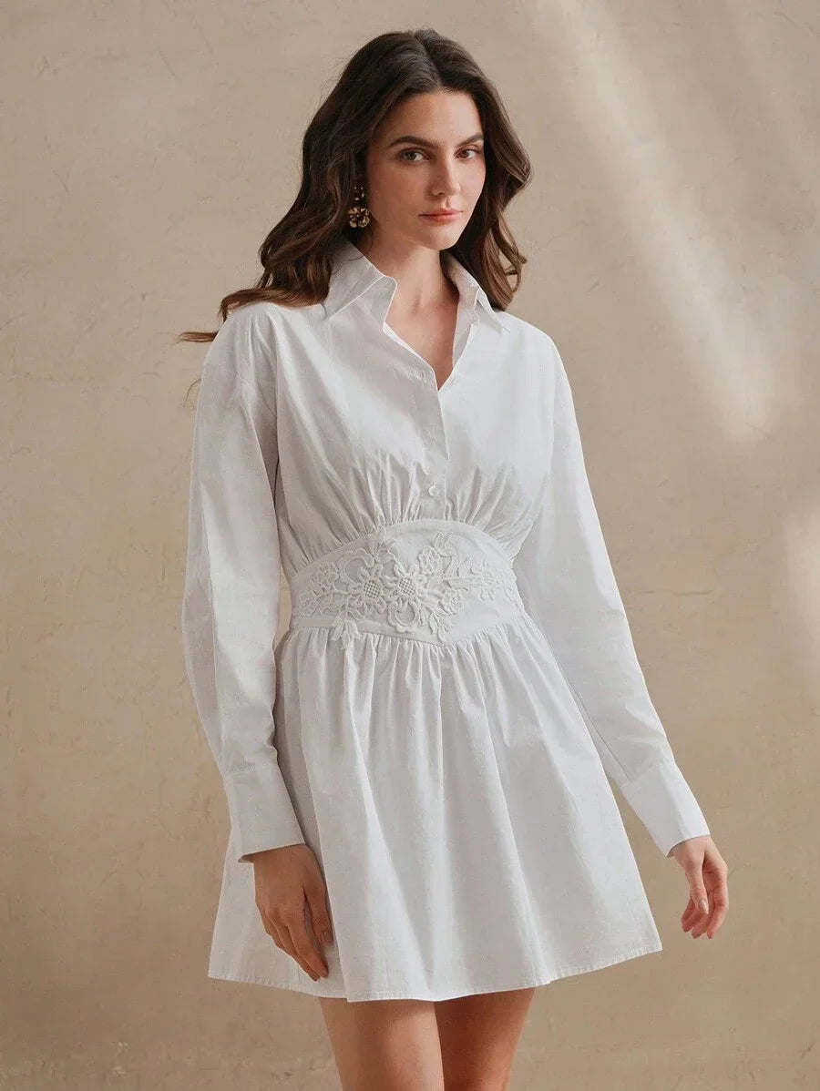 French Style Embroidery Waist Splice Design Long Sleeve Pleated Mini Dress Spring Outfits For Women
