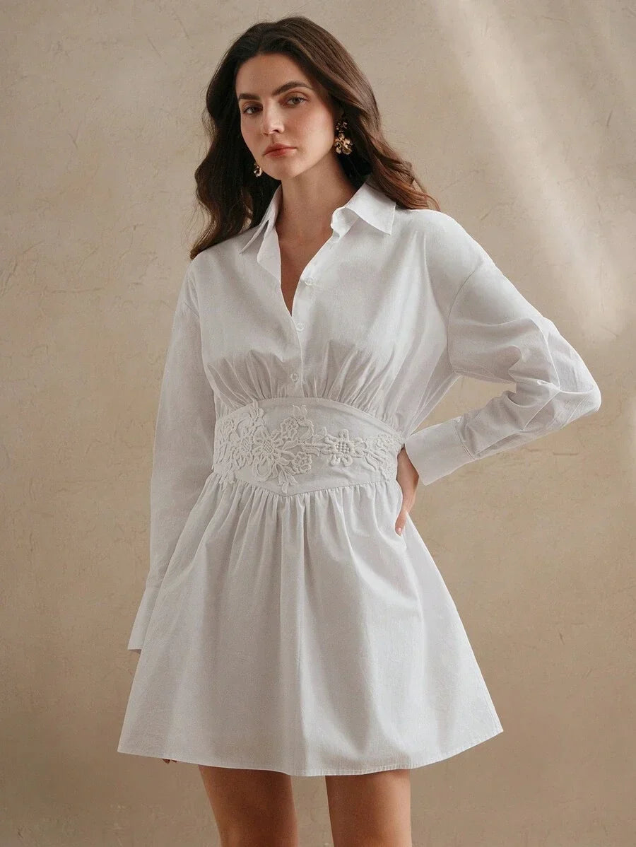French Style Embroidery Waist Splice Design Long Sleeve Pleated Mini Dress Spring Outfits For Women