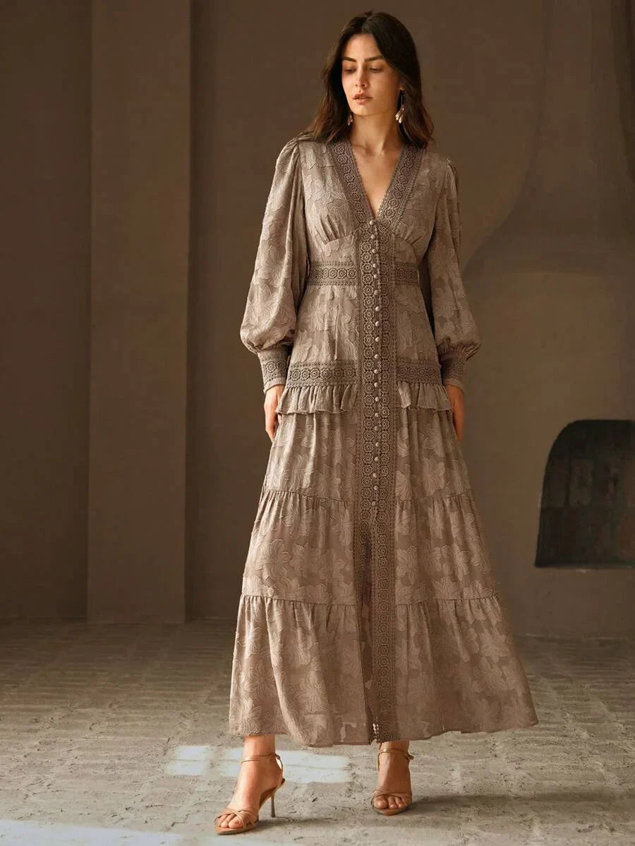 French Style Ruched VNeck Puff Sleeve Elegant Slim Fit Dress Maxi Women Outfit