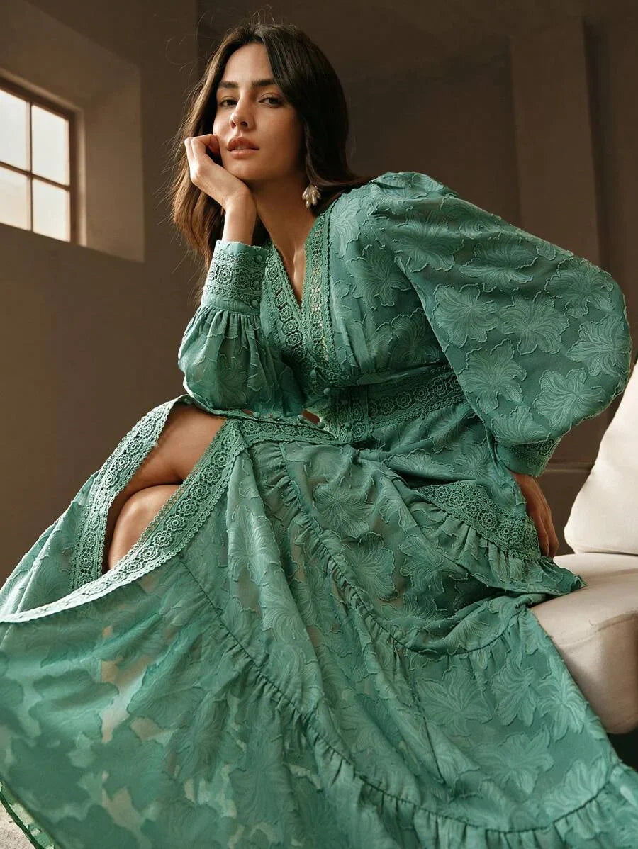 French Style Ruched VNeck Puff Sleeve Elegant Slim Fit Dress Maxi Women Outfit