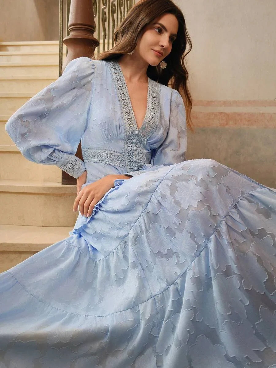 French Style Ruched VNeck Puff Sleeve Elegant Slim Fit Dress Maxi Women Outfit