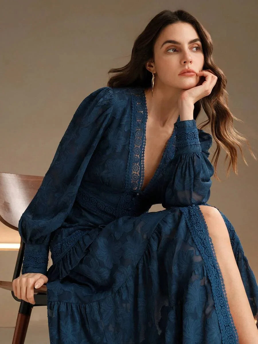 French Style Ruched VNeck Puff Sleeve Elegant Slim Fit Dress Maxi Women Outfit