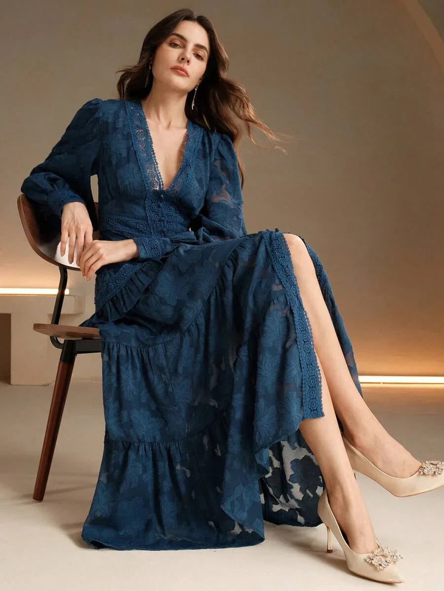 French Style Ruched VNeck Puff Sleeve Elegant Slim Fit Dress Maxi Women Outfit
