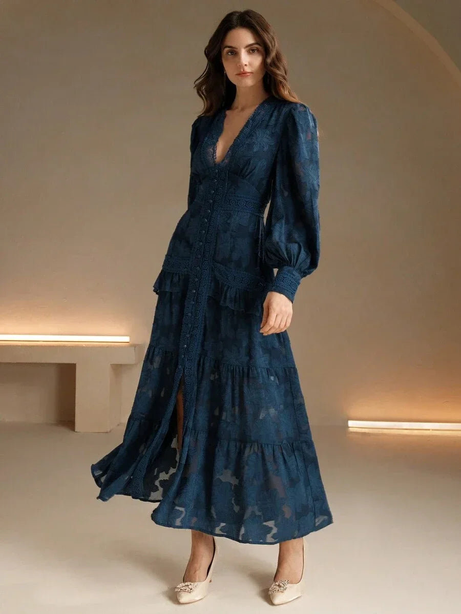 French Style Ruched VNeck Puff Sleeve Elegant Slim Fit Dress Maxi Women Outfit