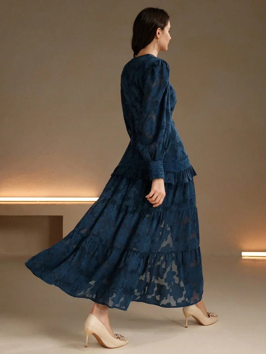 French Style Ruched VNeck Puff Sleeve Elegant Slim Fit Dress Maxi Women Outfit