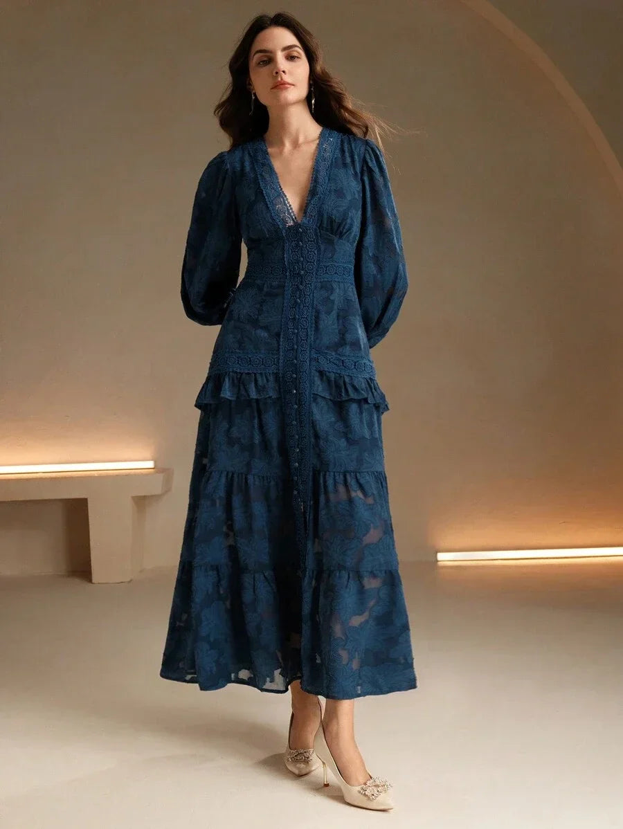 French Style Ruched VNeck Puff Sleeve Elegant Slim Fit Dress Maxi Women Outfit