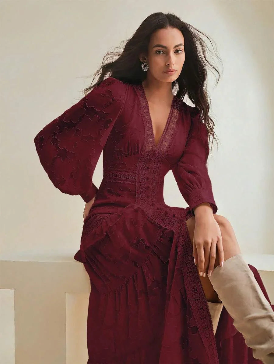 French Style Ruched VNeck Puff Sleeve Elegant Slim Fit Dress Maxi Women Outfit