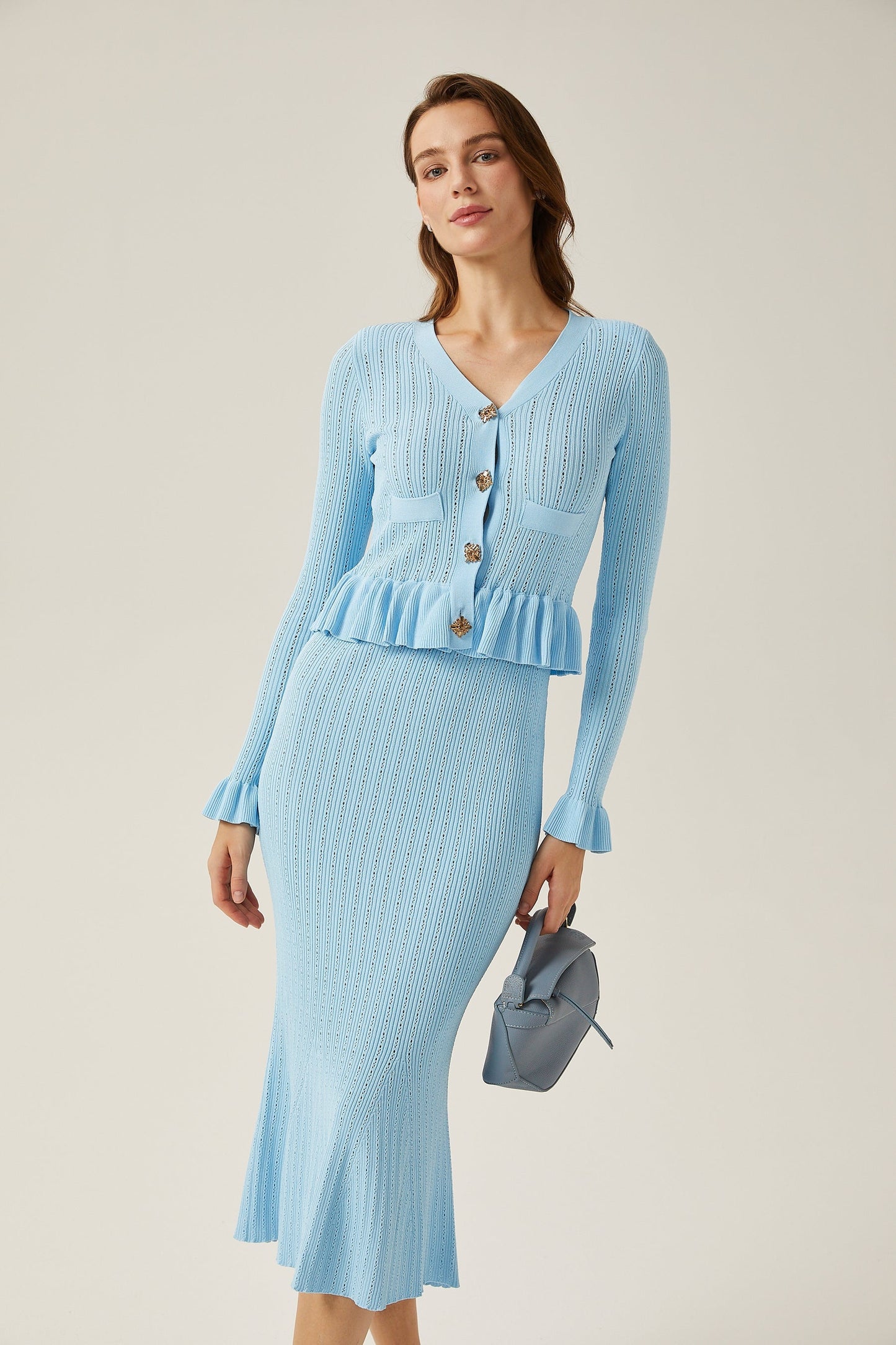 Gabrielle blue flared knitted top skirt matching set