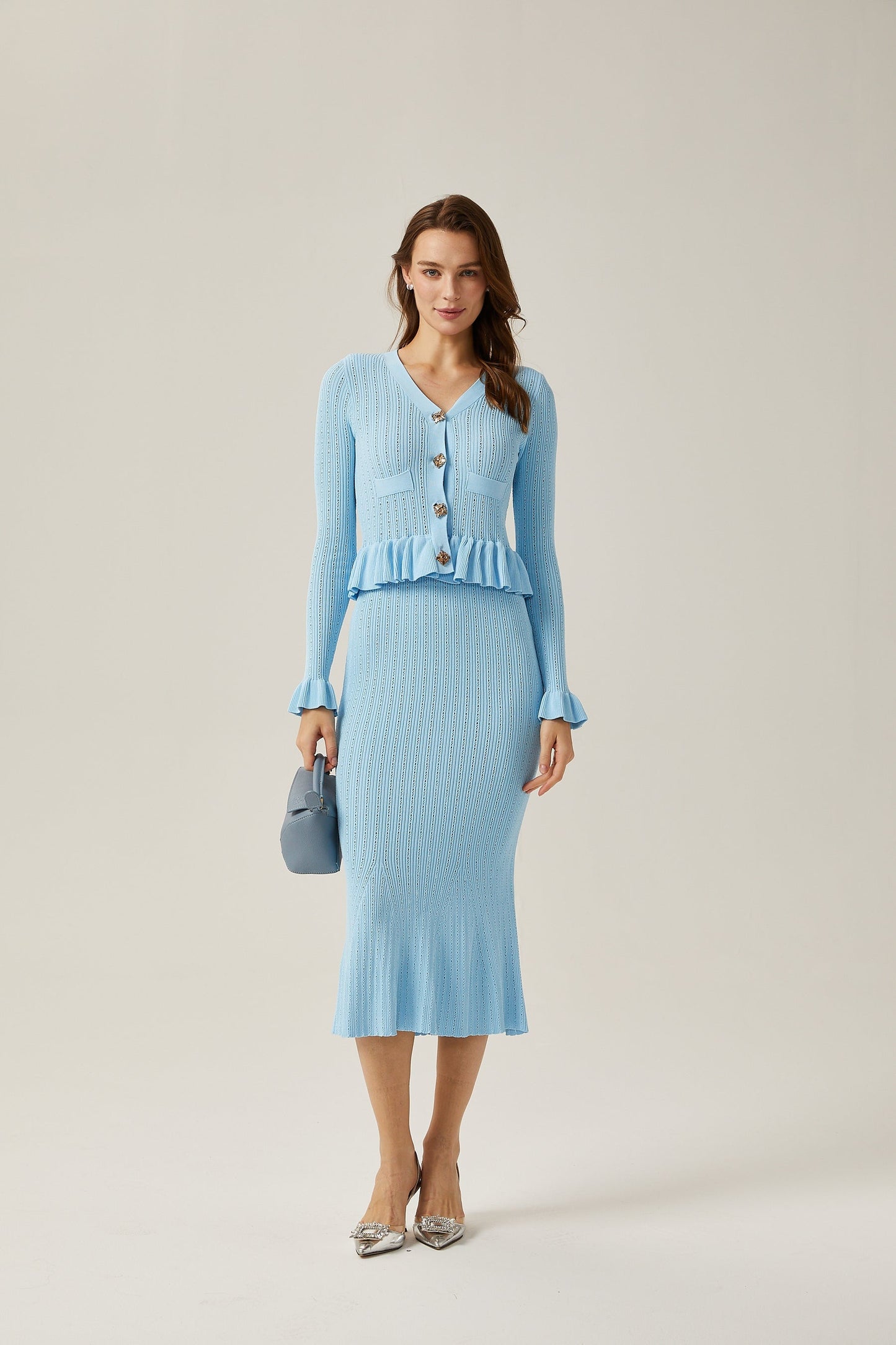 Gabrielle blue flared knitted top skirt matching set