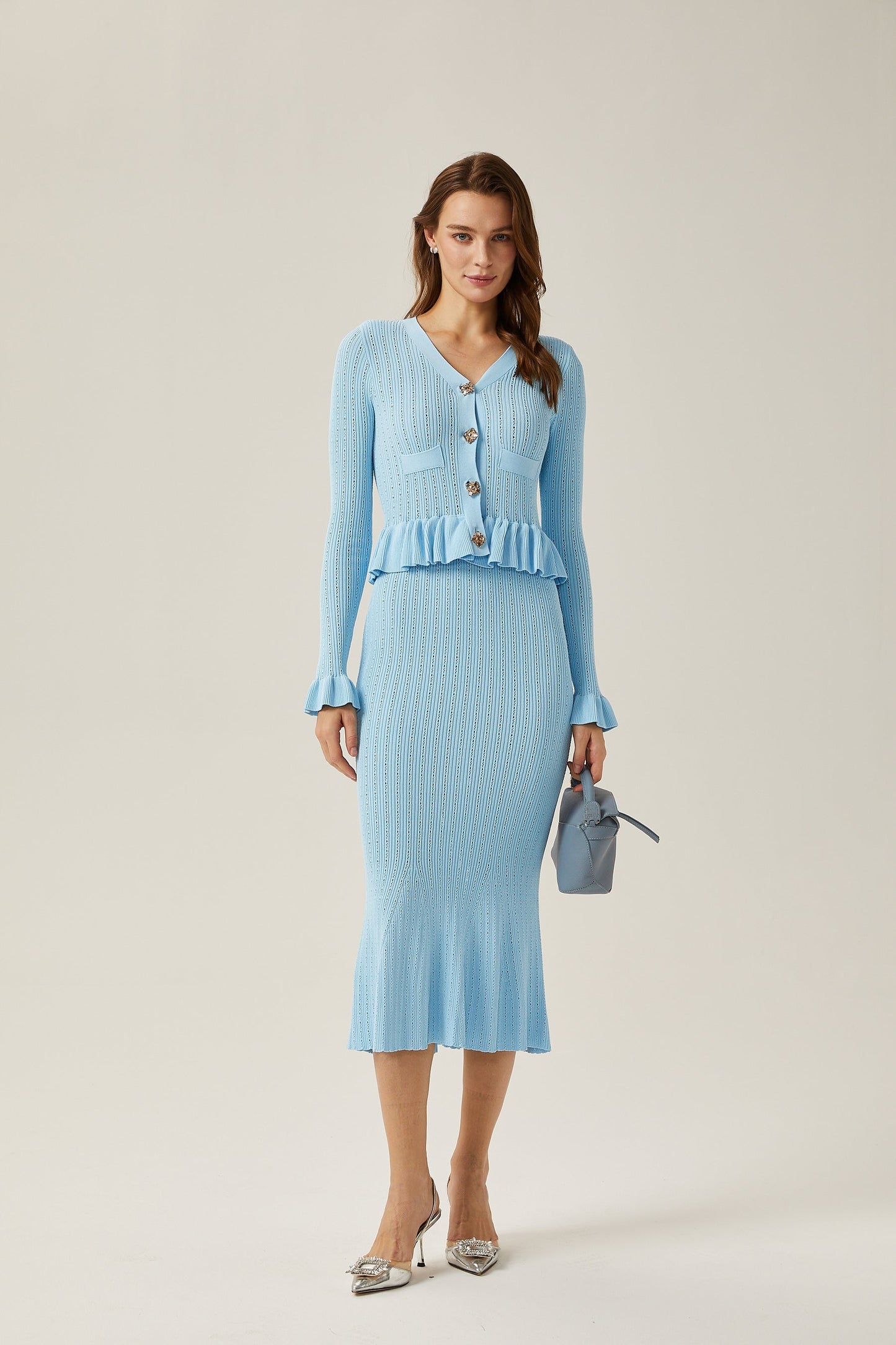 Gabrielle blue flared knitted top skirt matching set