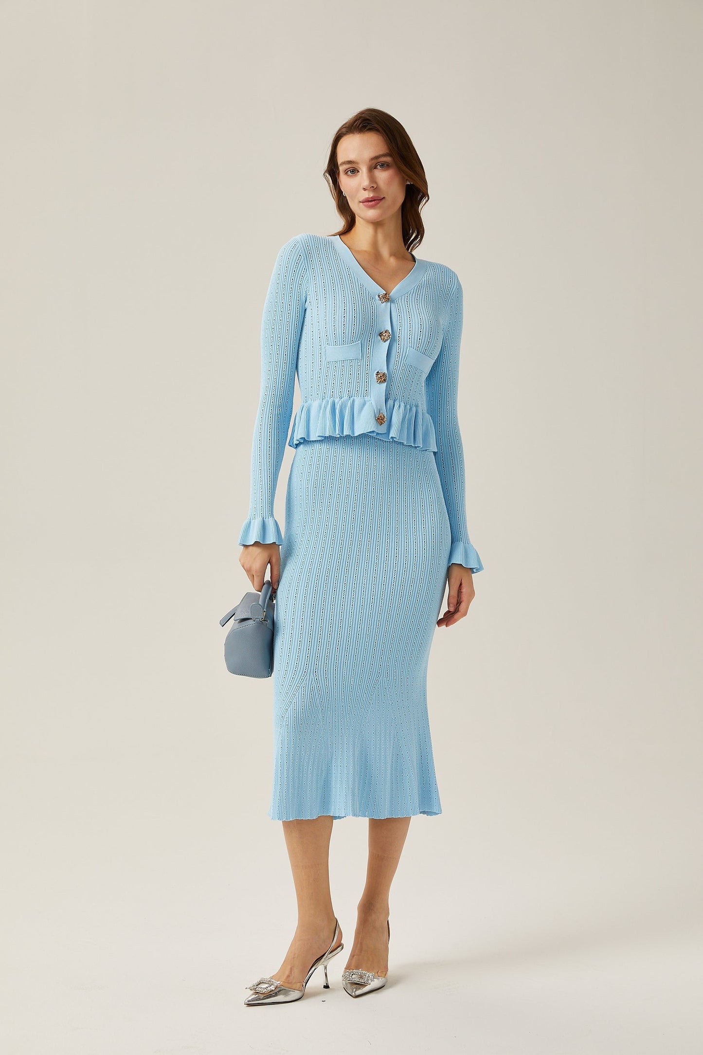 Gabrielle blue flared knitted top skirt matching set