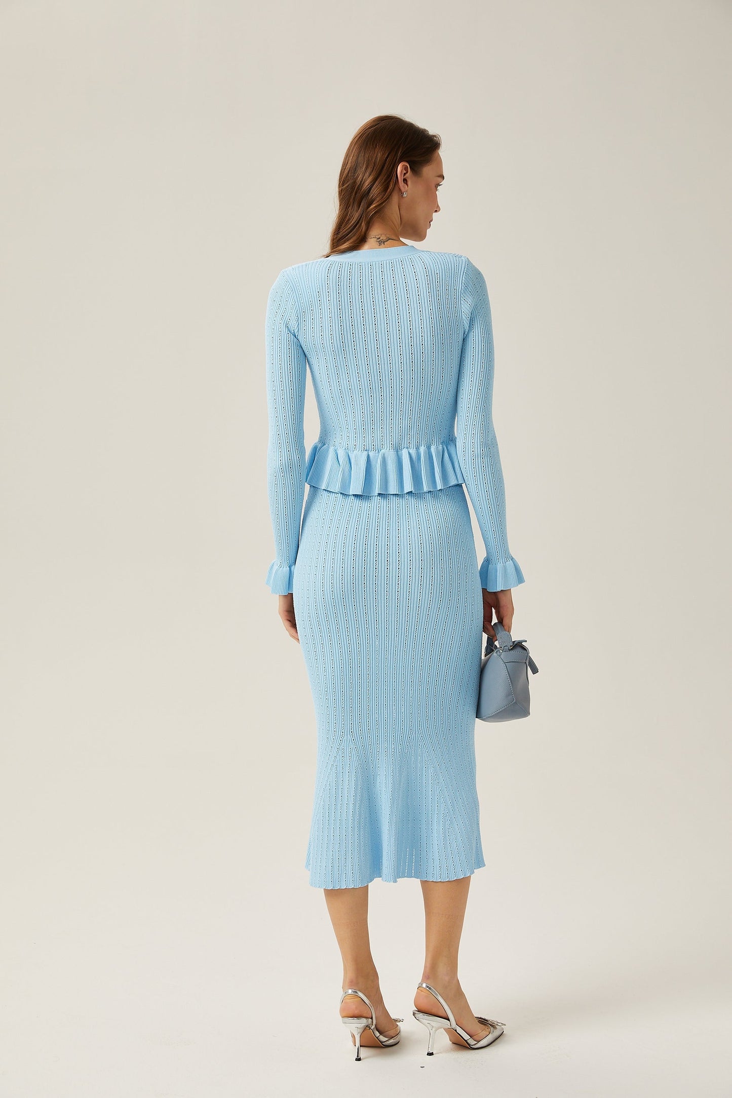 Gabrielle blue flared knitted top skirt matching set