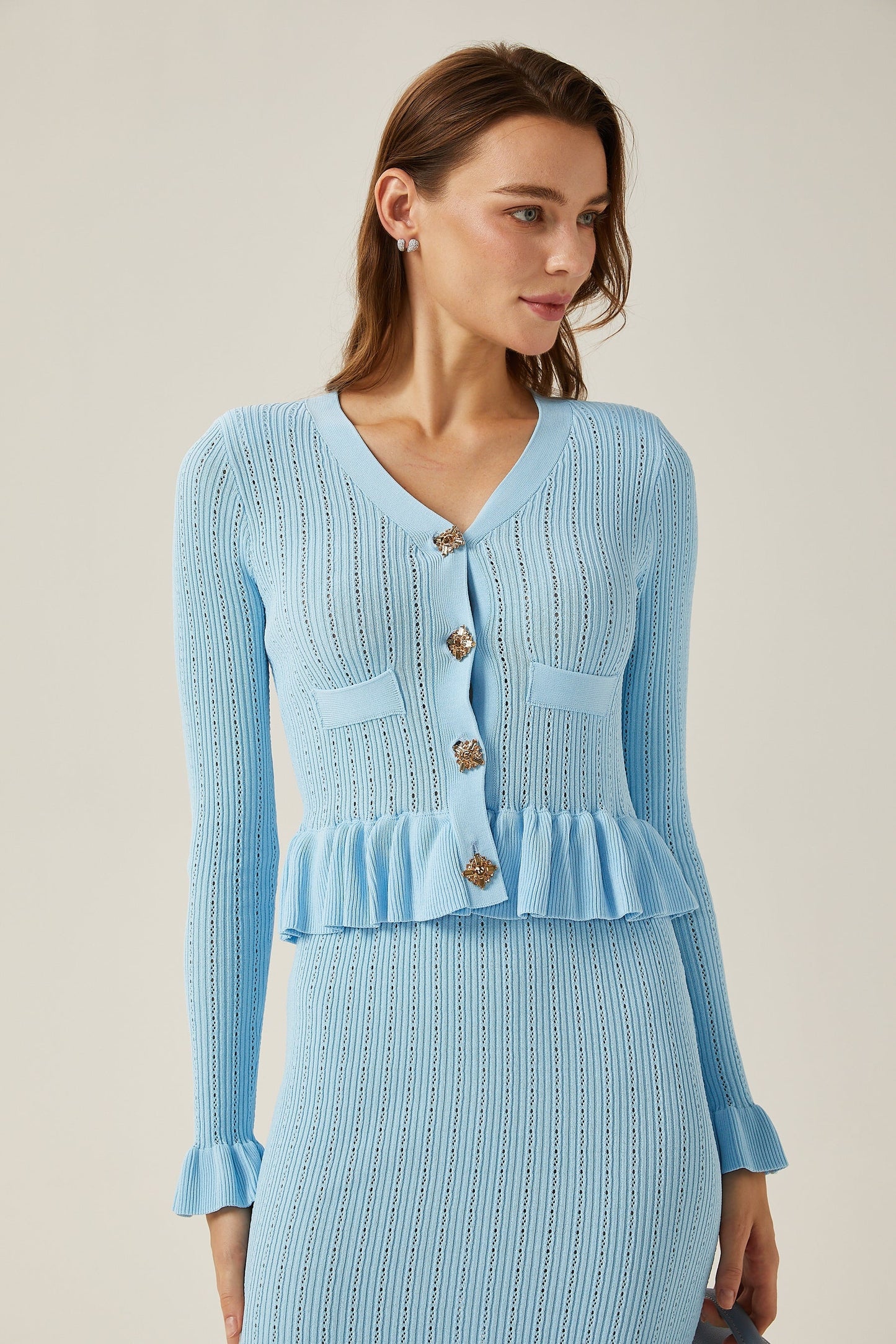 Gabrielle blue flared knitted top skirt matching set