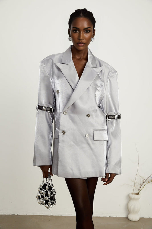 Gabrielle grey beltedarm metallic blazer