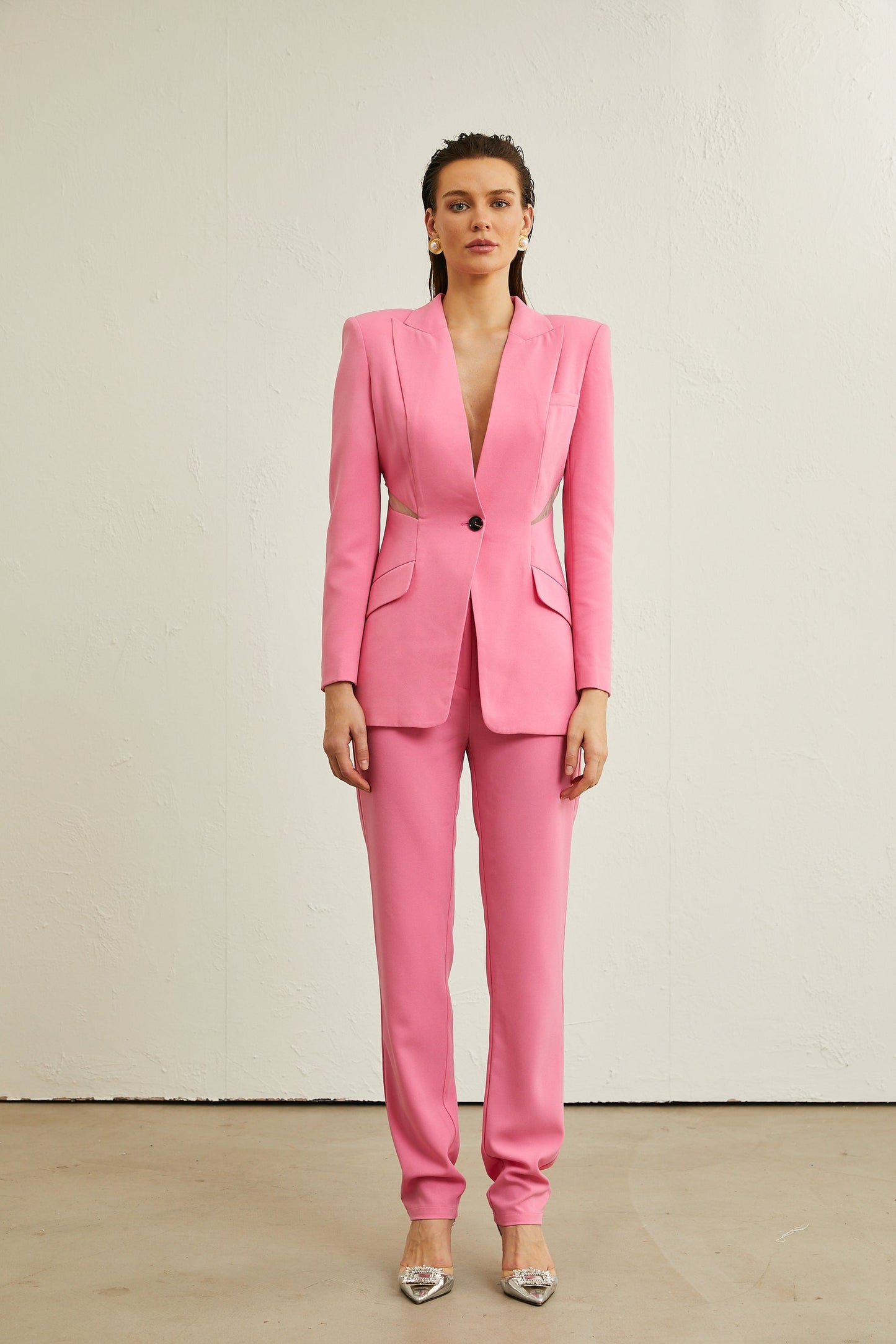 Gabrielle pink cutout jacket trousers matching set