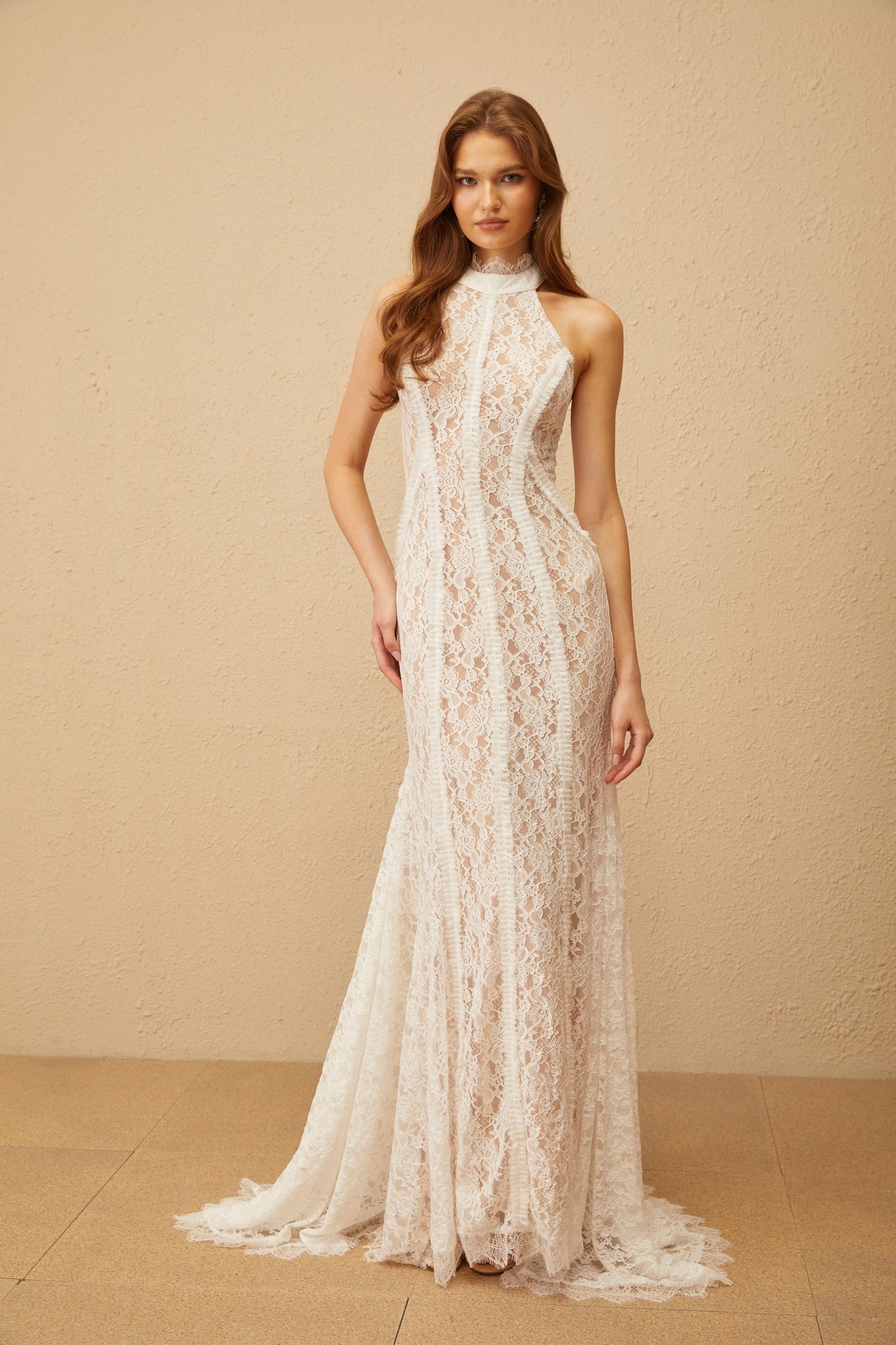 Gaëlle White Train Design Lace Maxi Dress
