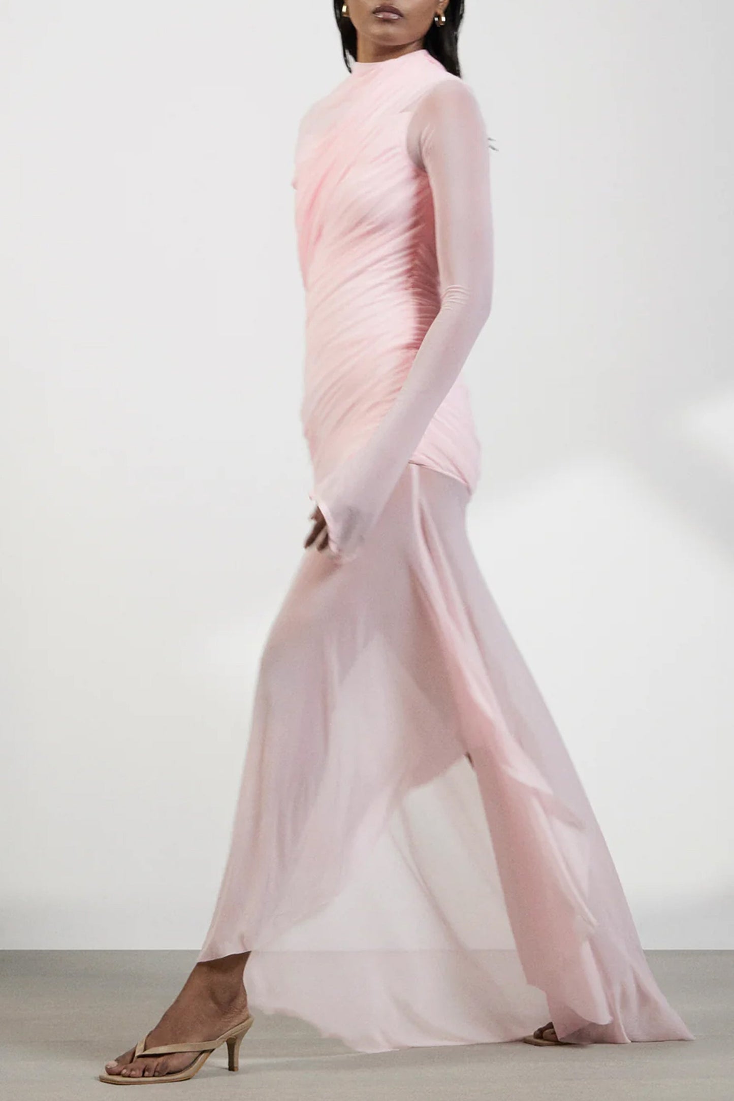Garance Pink Asymmetrical Ruched Mesh Maxi Dress