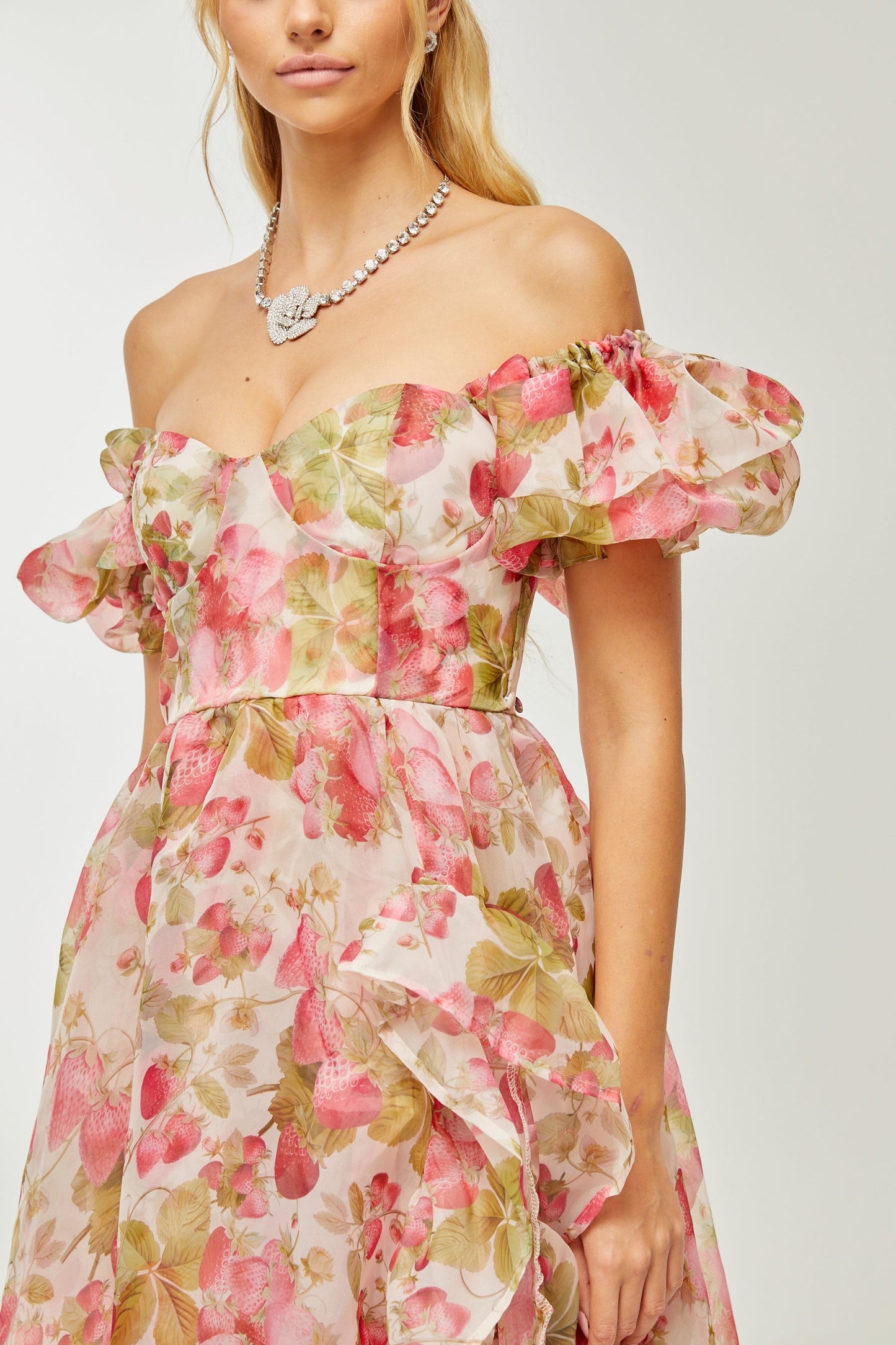 Geneviève fruitprint ruffled maxi dress