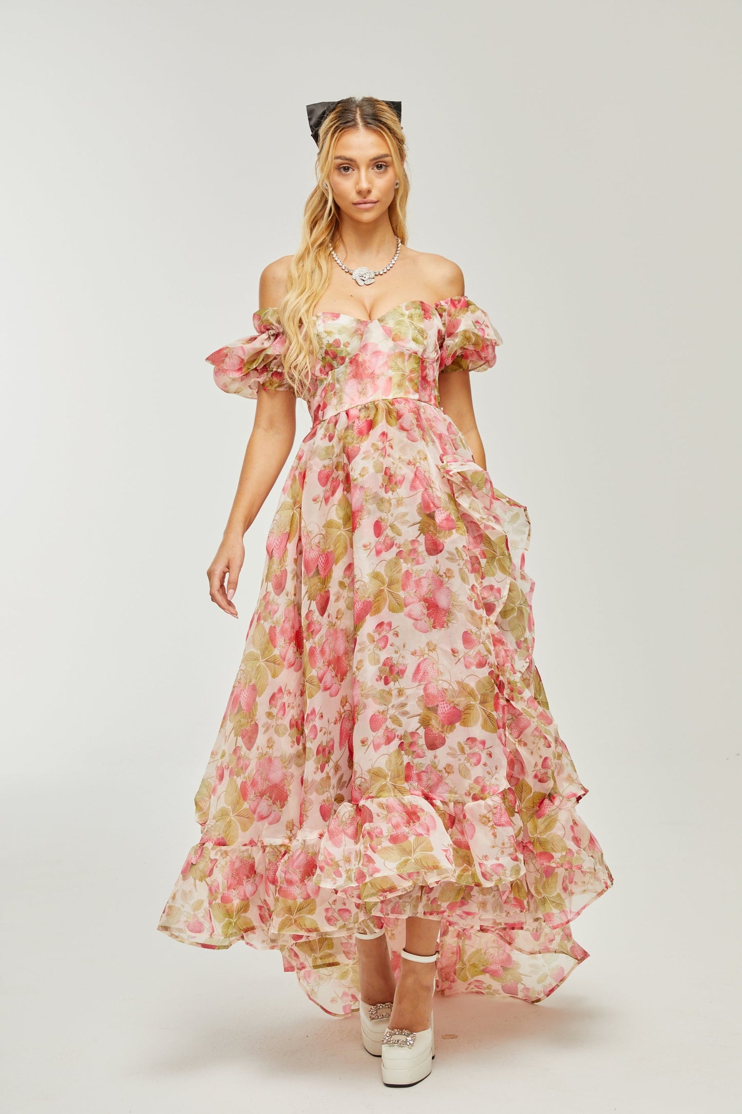 Geneviève fruitprint ruffled maxi dress