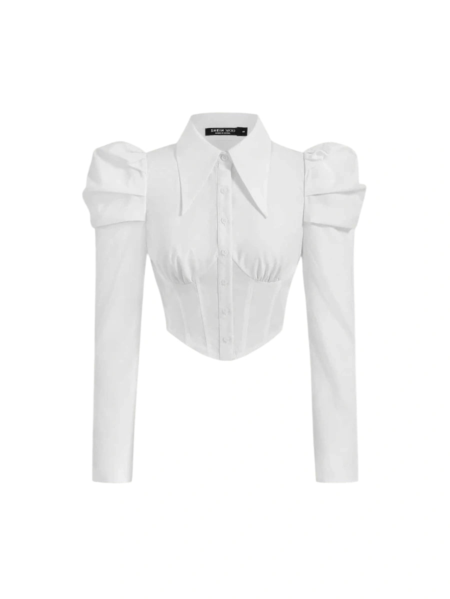 Gigot Crop Top Sleeve Button Retro Peak Lapels Front Curved Hem