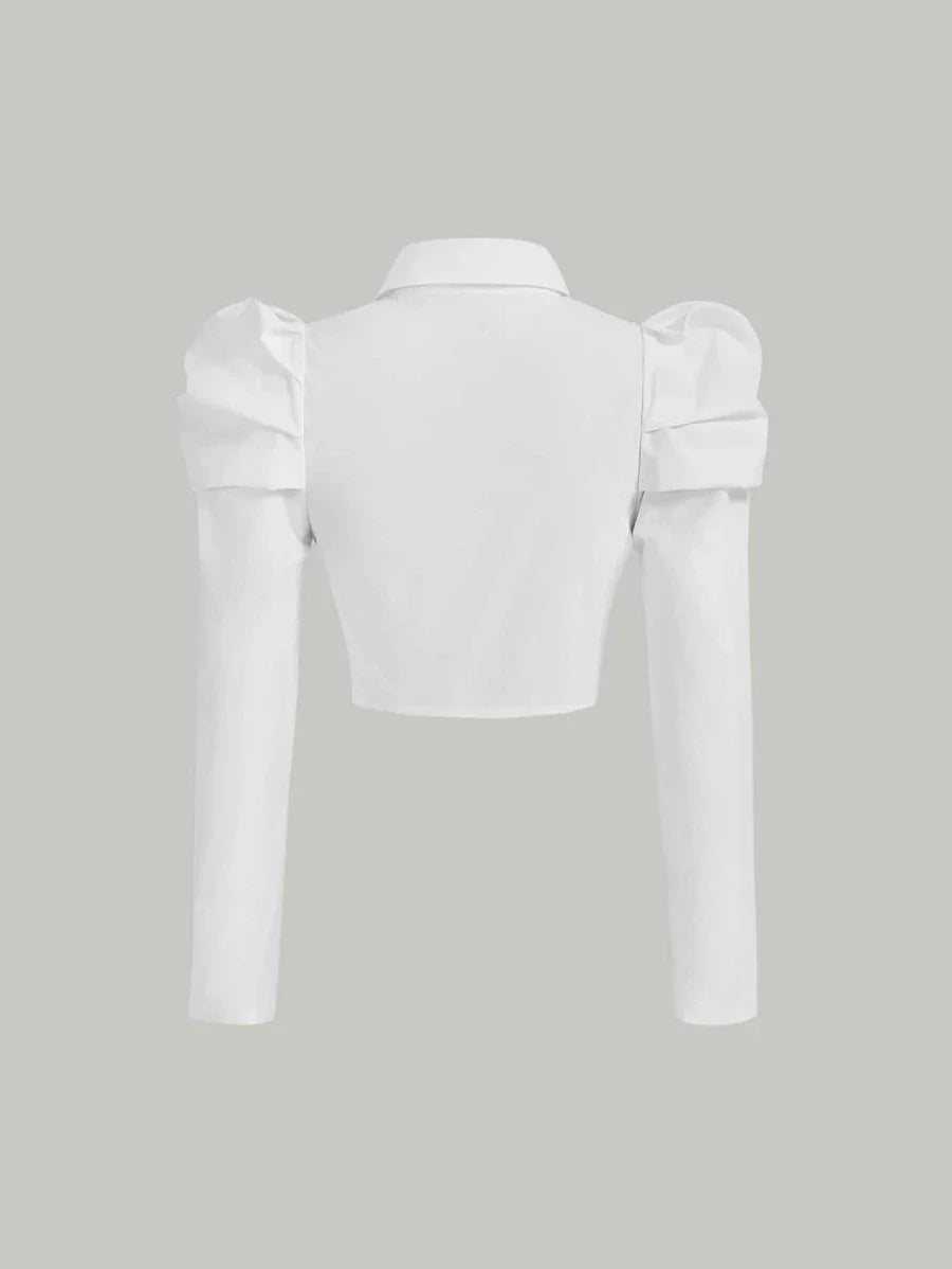 Gigot Crop Top Sleeve Button Retro Peak Lapels Front Curved Hem