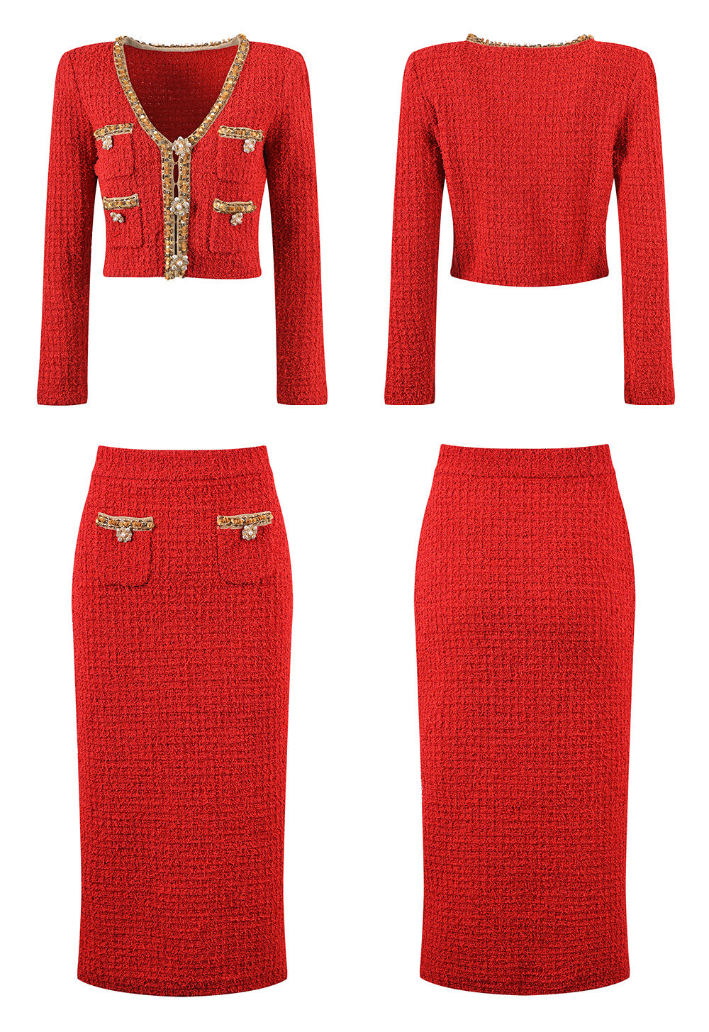 Elegant red tweed jacket with gold embellishments paired with a matching midi skirt, ideal for formal occasions