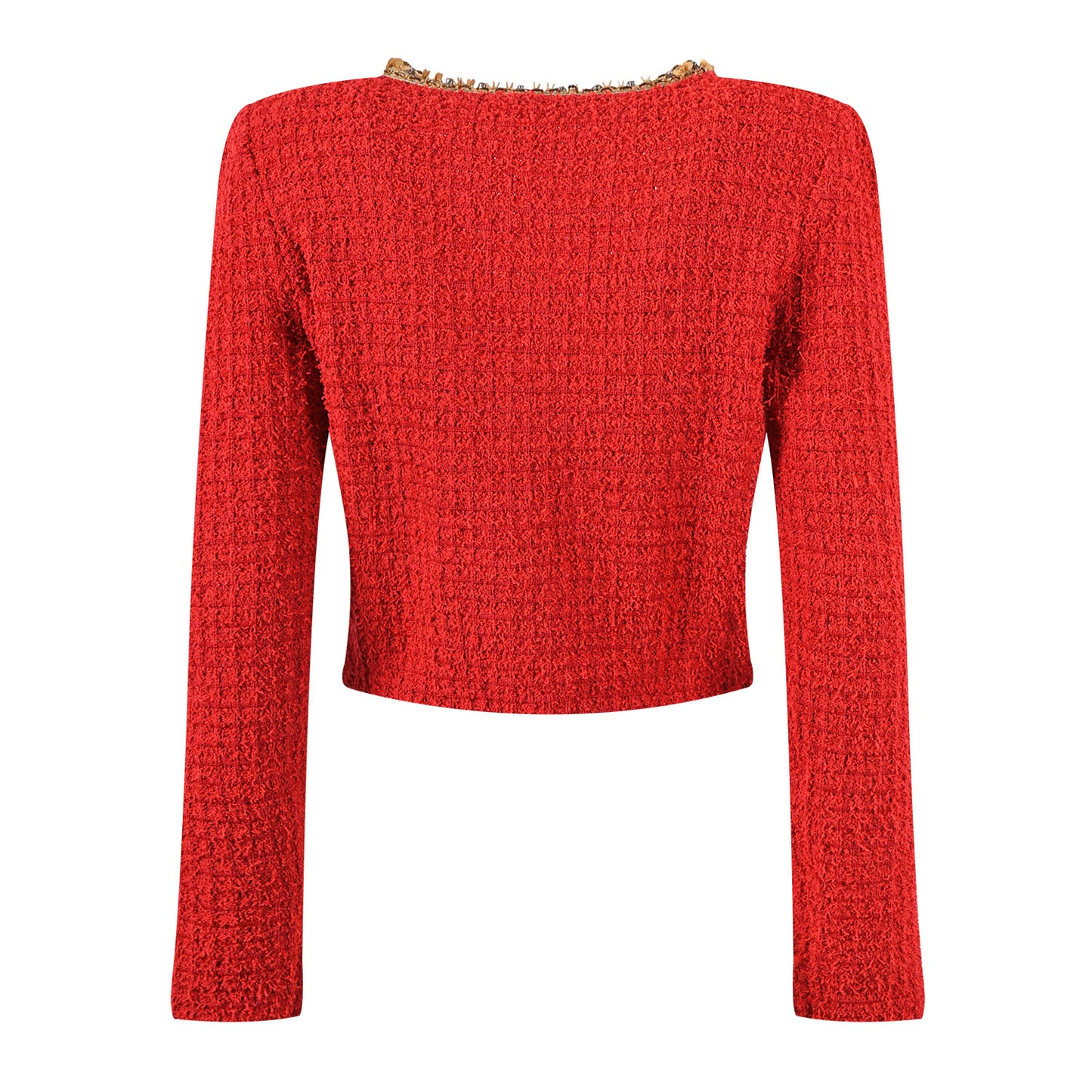 Elegant red tweed jacket with gold embellishments paired with a matching midi skirt, ideal for formal occasions