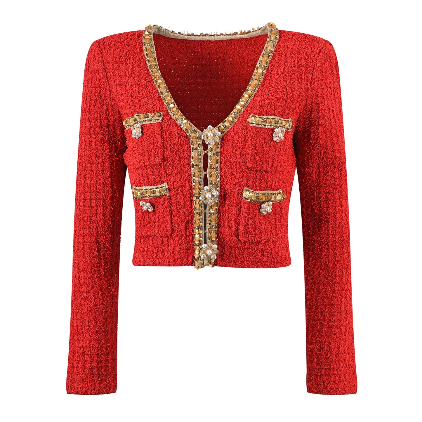 Elegant red tweed jacket with gold embellishments paired with a matching midi skirt, ideal for formal occasions