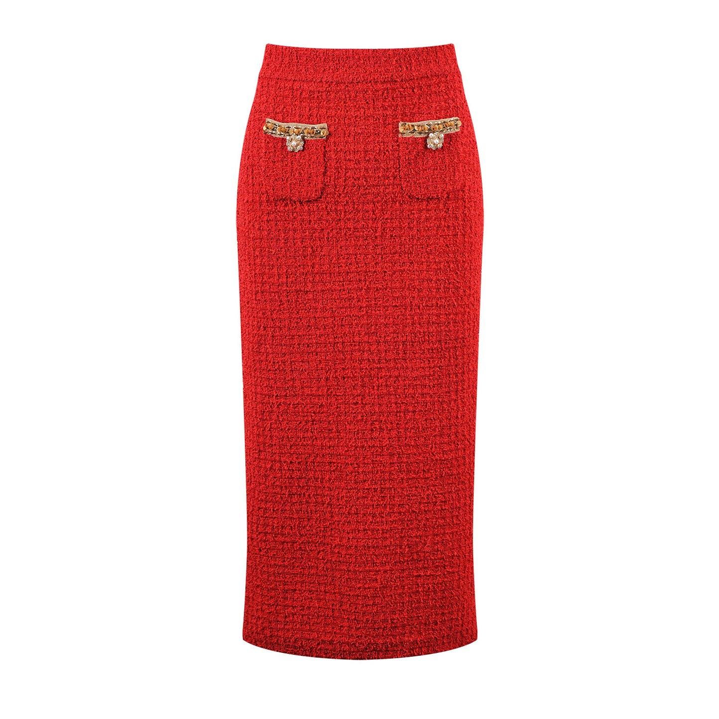 Elegant red tweed jacket with gold embellishments paired with a matching midi skirt, ideal for formal occasions