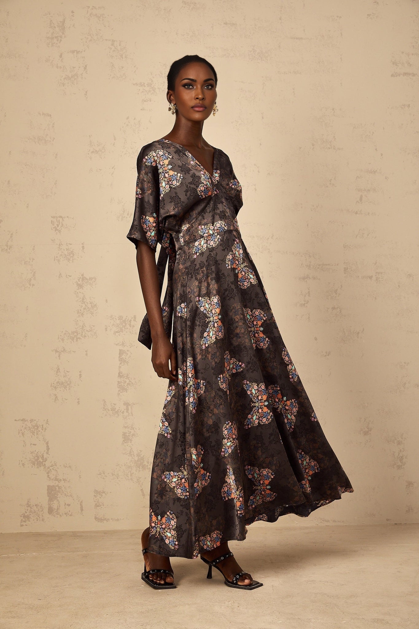 Glannon Womens Black SelfTie Butterfly Print Maxi Dress