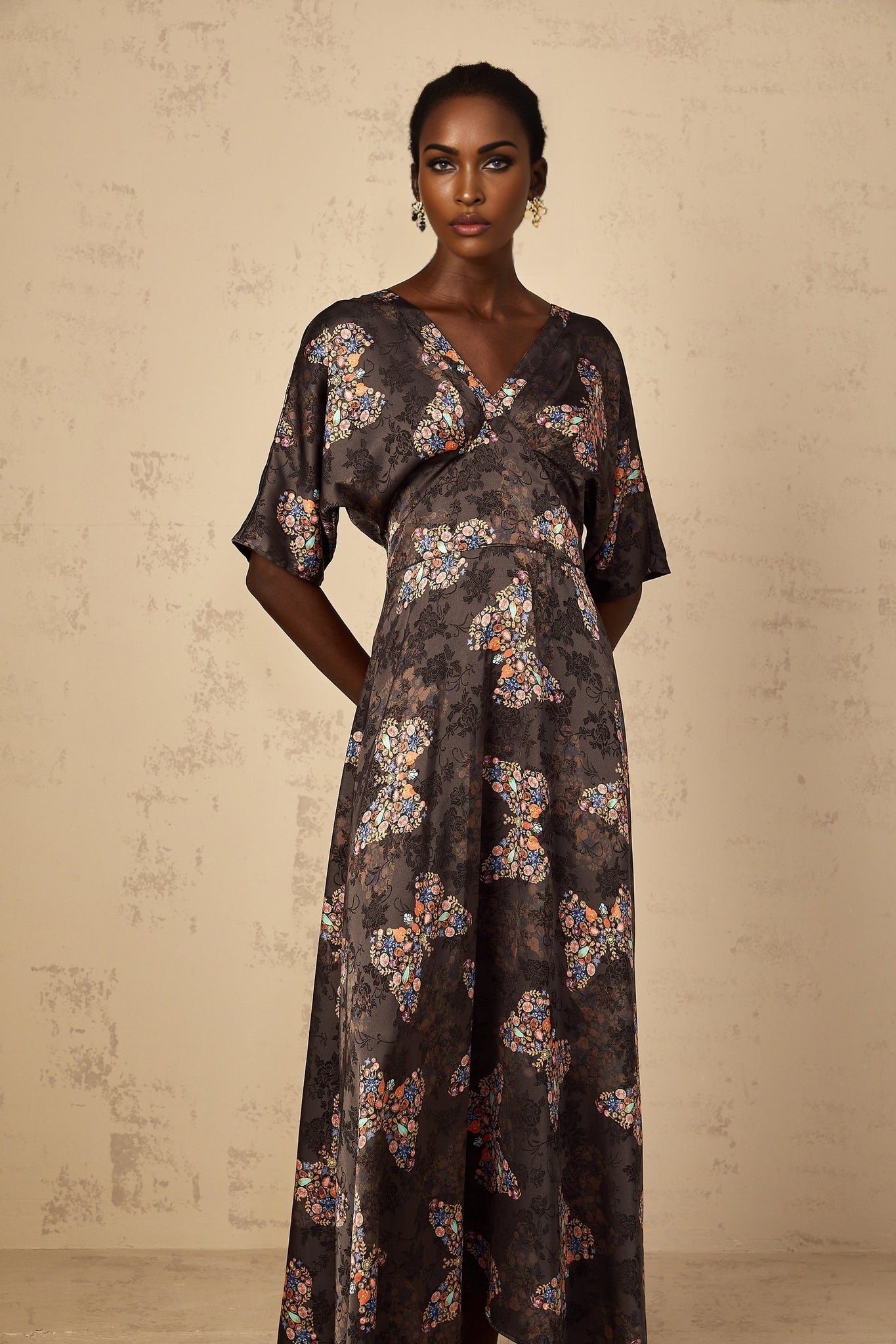 Glannon Womens Black SelfTie Butterfly Print Maxi Dress
