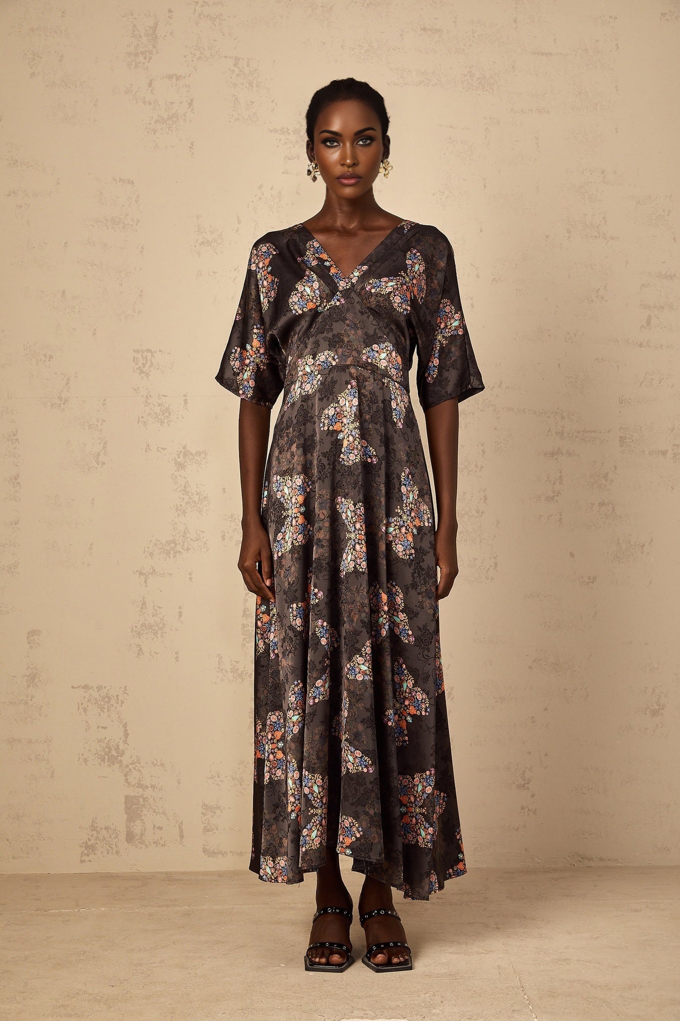 Glannon Womens Black SelfTie Butterfly Print Maxi Dress