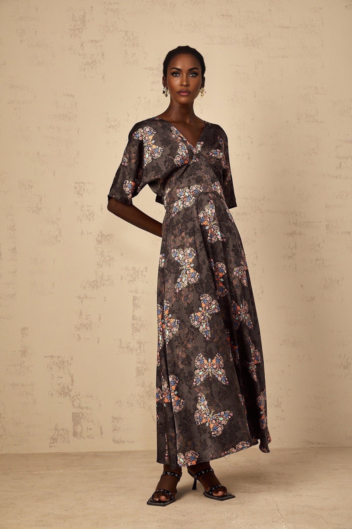 Glannon Womens Black SelfTie Butterfly Print Maxi Dress