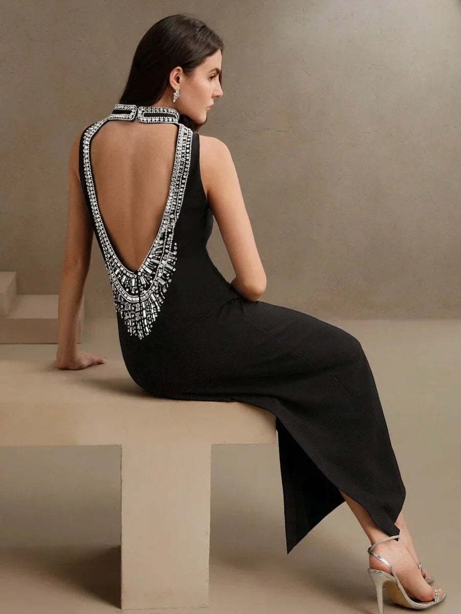 Goddess Luxury Stand Collar Sleeveless Rhinestone Embellished Bodycon Maxi Backless Dress Modesty