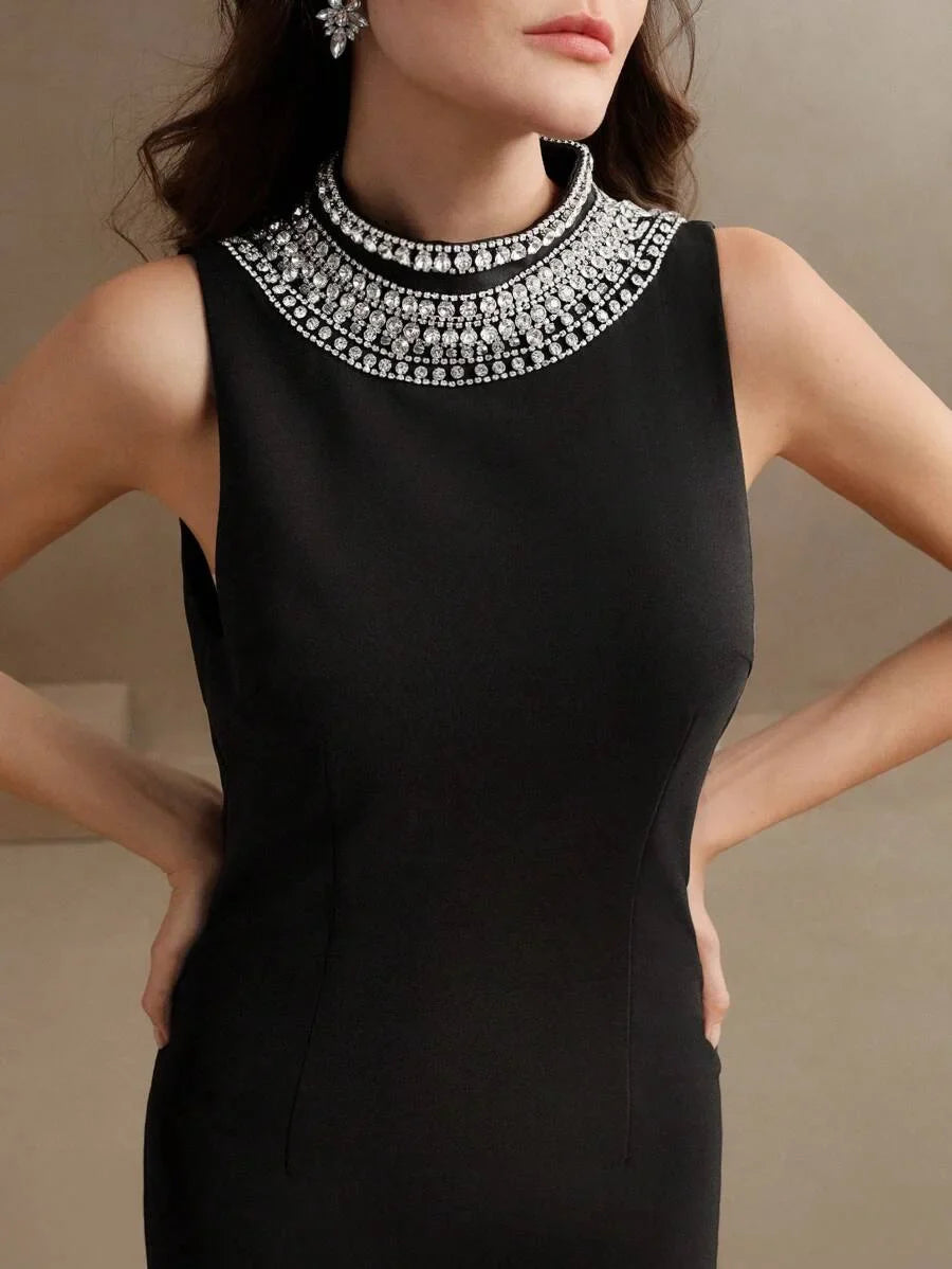 Goddess Luxury Stand Collar Sleeveless Rhinestone Embellished Bodycon Maxi Backless Dress Modesty