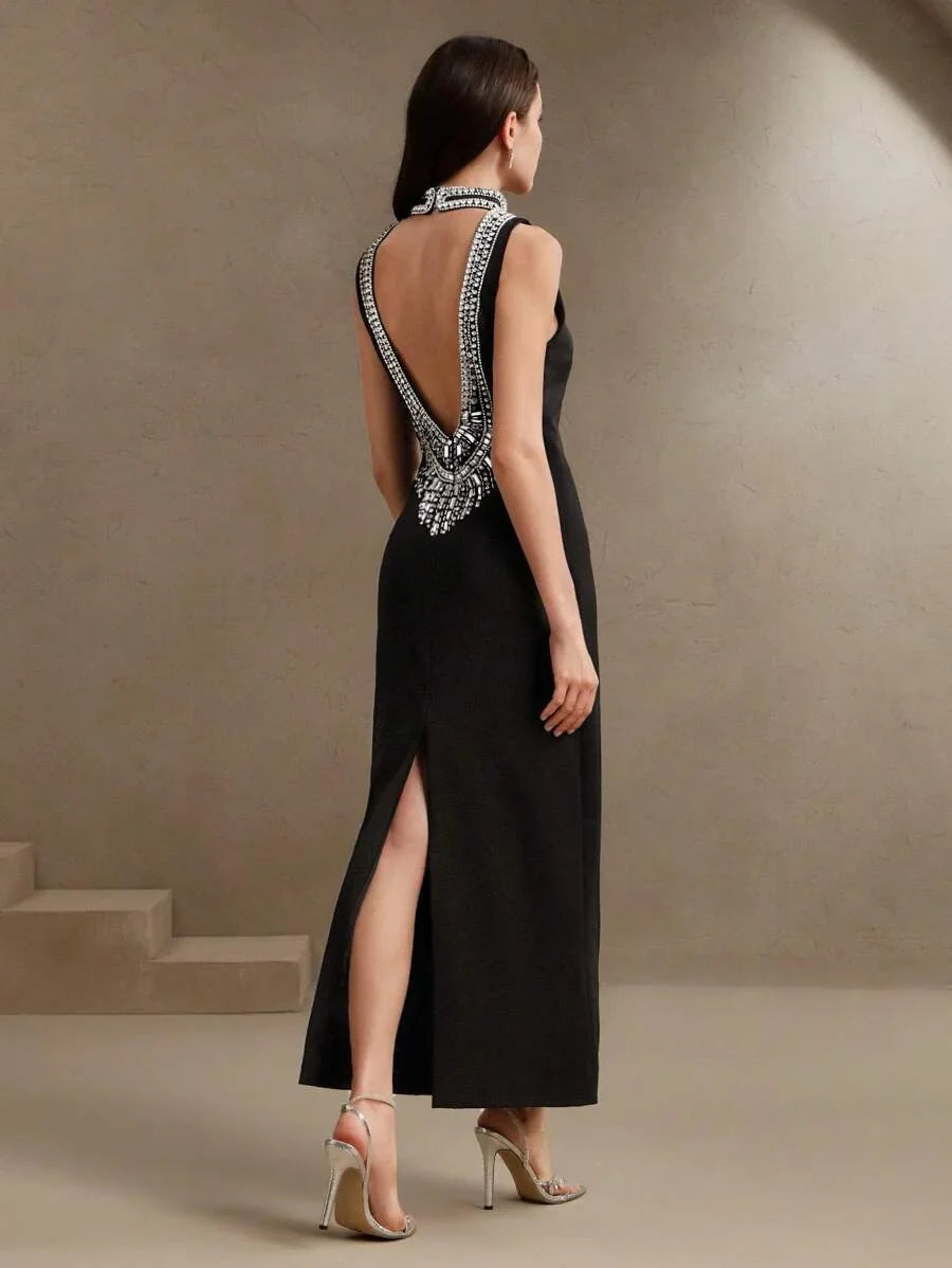 Goddess Luxury Stand Collar Sleeveless Rhinestone Embellished Bodycon Maxi Backless Dress Modesty