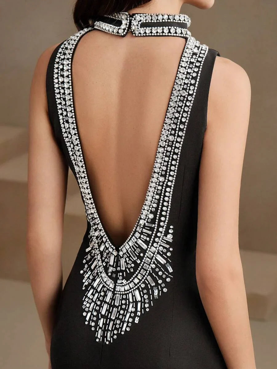 Goddess Luxury Stand Collar Sleeveless Rhinestone Embellished Bodycon Maxi Backless Dress Modesty