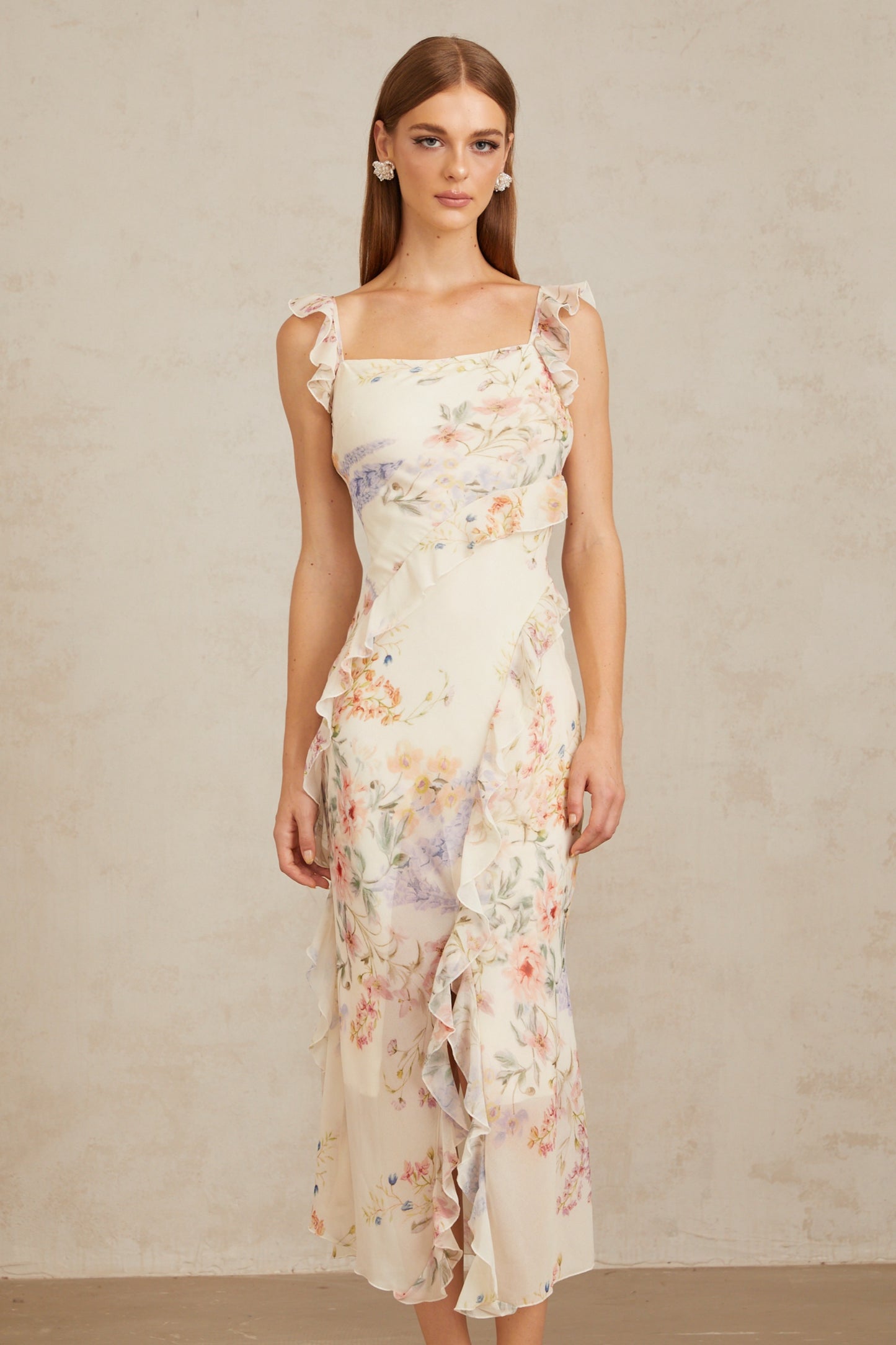 Gratia Light Yellow Ruffled Floral Print Midi Dress